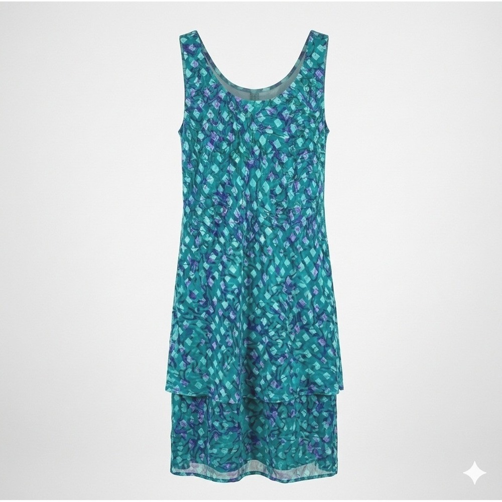 Patra Tiered Shift Dress Womens S Teal Purple Geometric Metallic Crinkle Vintage